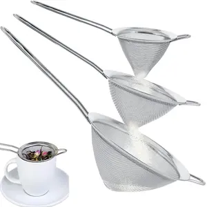 Stainless Steel Fine Mesh Conical Bar Strainer Set - 3 Professional Grade Strainers for Roostertails Tea Herbs Coffee - Rust Resistant Long Handle Easy Clean Durable Father Gift