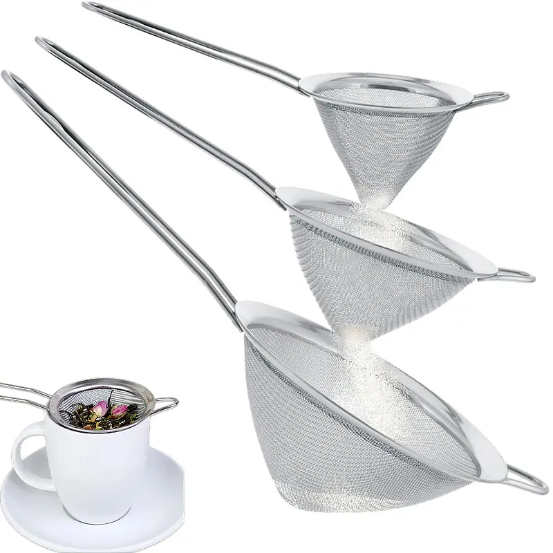 Professional Grade Stainless Steel Fine Mesh Conical (Cone-Shaped) Bar Strainer Kit - 3 Sturdy Kitchen Strainers with Long Hanging Handle, Rust-Resistant, Easy-to-Clean, Durable for Roostertails Tea Herbs Coffee, Father Gift