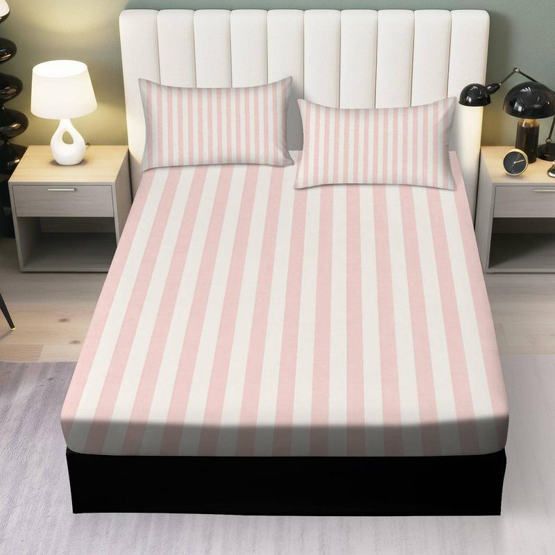3Pcs Pink White Striped Fitted Sheet Three Piece Set (1*Fitted Sheet+2*Pillowcases, Coreless), Modern theme, Stripe Pattern Bedding Set, Mattress Protector Soft, Breathable