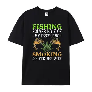 "Fishing Solves Half My Problems, Smoking Solves The Rest" Graphic Cotton T-Shirt, Fisherman Comfort Tee, Funny Outdoors Fashion Outfit, Oversized Casual Shirt, Birthday & Humorous Gift For Him