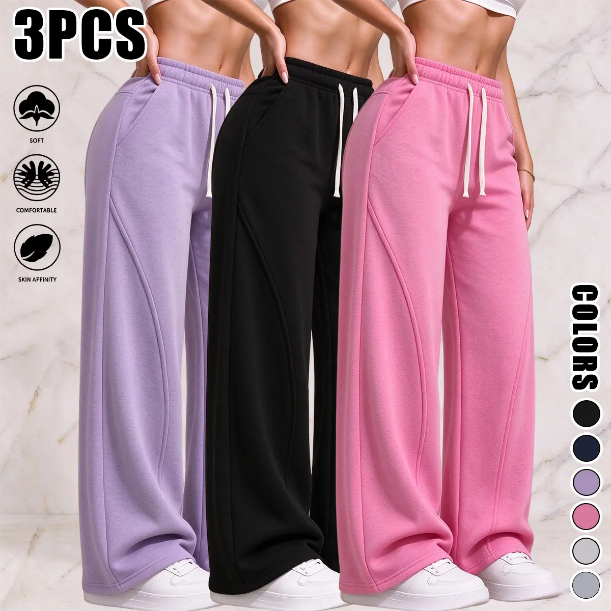 3-pack women’s casual pants — front drawstring, straight cut, solid color, sweatpants suitable for outdoor sports and everyday wear; women’s bottoms