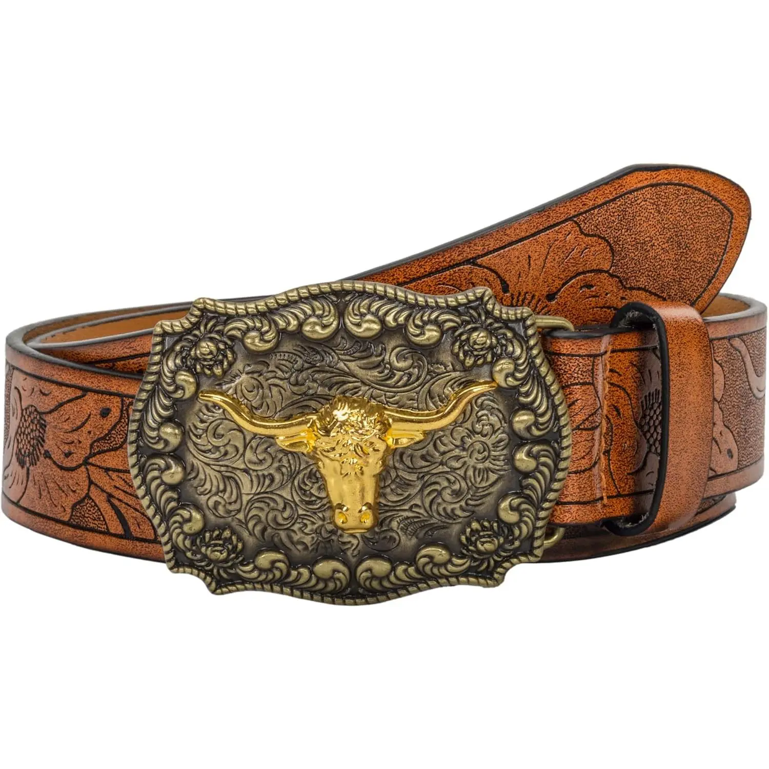 Western Cowgirl Belt with Gold Buckle, Faux PU Leather, Brown Floral Texas Saddlery | Saddle Tan Floral Belt – Outpost Western Store main image 3