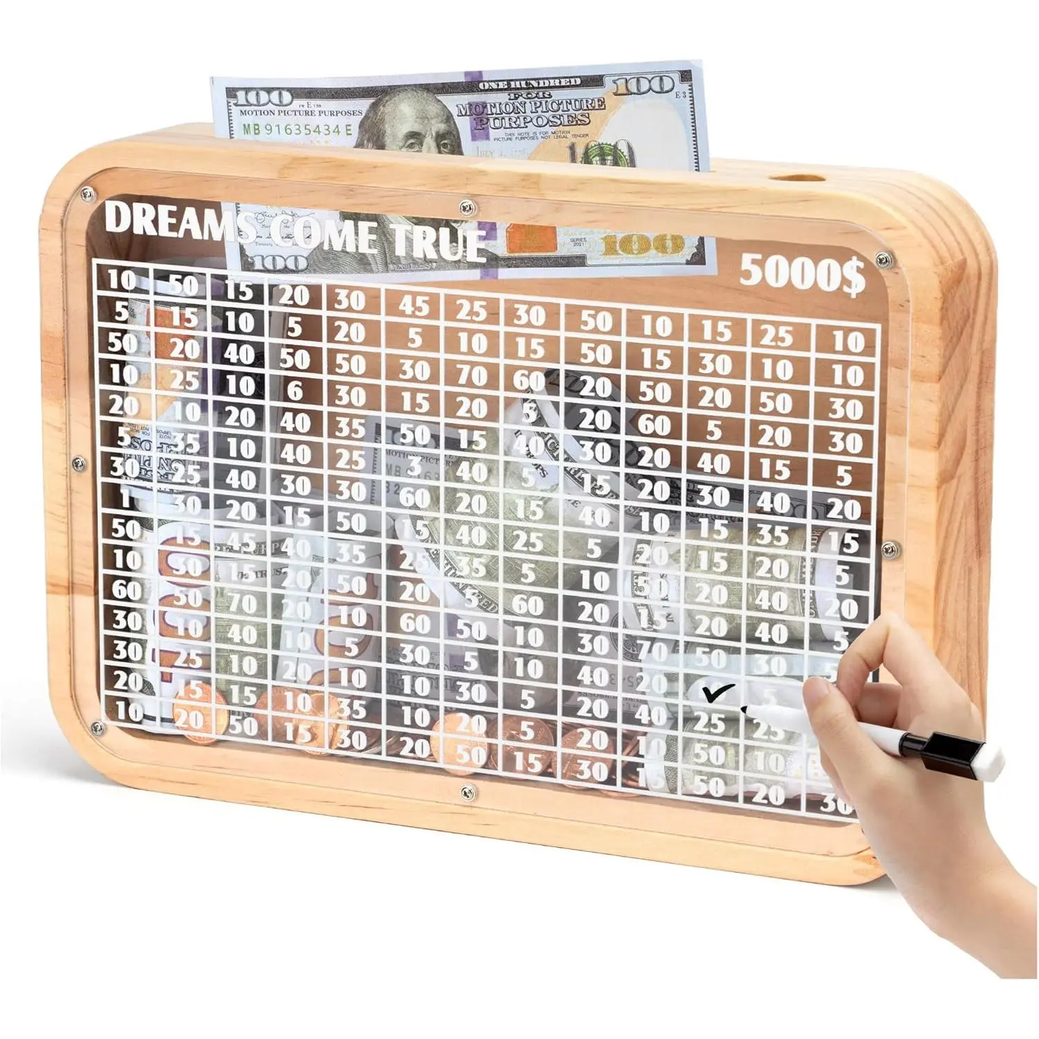 Wooden 5000 Money Saving Challenge Box,5k Cash Vault Piggy Bank for Adults Kids Boys Girls,Cion Bank Target Saver Box with Counter/Dry Erase Pen