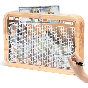 Wooden 5000 Money Saving Challenge Box,5k Cash Vault Piggy Bank for Adults Kids Boys Girls,Cion Bank Target Saver Box with Counter/Dry Erase Pen