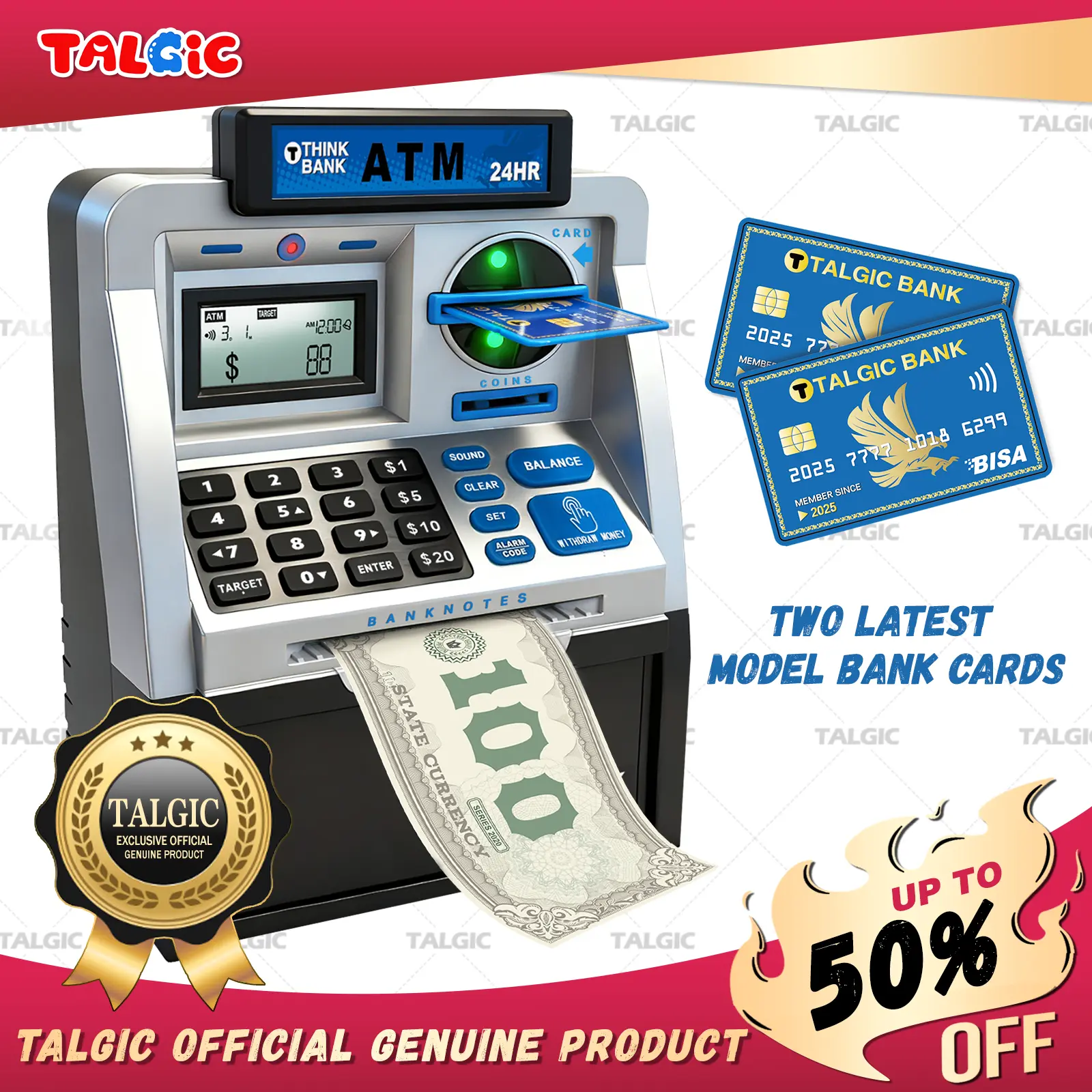 Talgic Piggy Bank ATM Toy for Kids, a fun, interactive way to teach kids about money savings. With a realistic ATM keypad, password security, and the ability to save both coins and bills, it’s perfect for birthdays, holidays, TALGICKEV