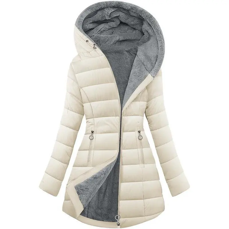 Women's Slim-Fit Fleece-Lined Windproof Warm Down Jacket - Waterproof Long Ski Coat with Zipper, Stylish Sleeve Design, for Commuting, Outdoor Sports, Outfits