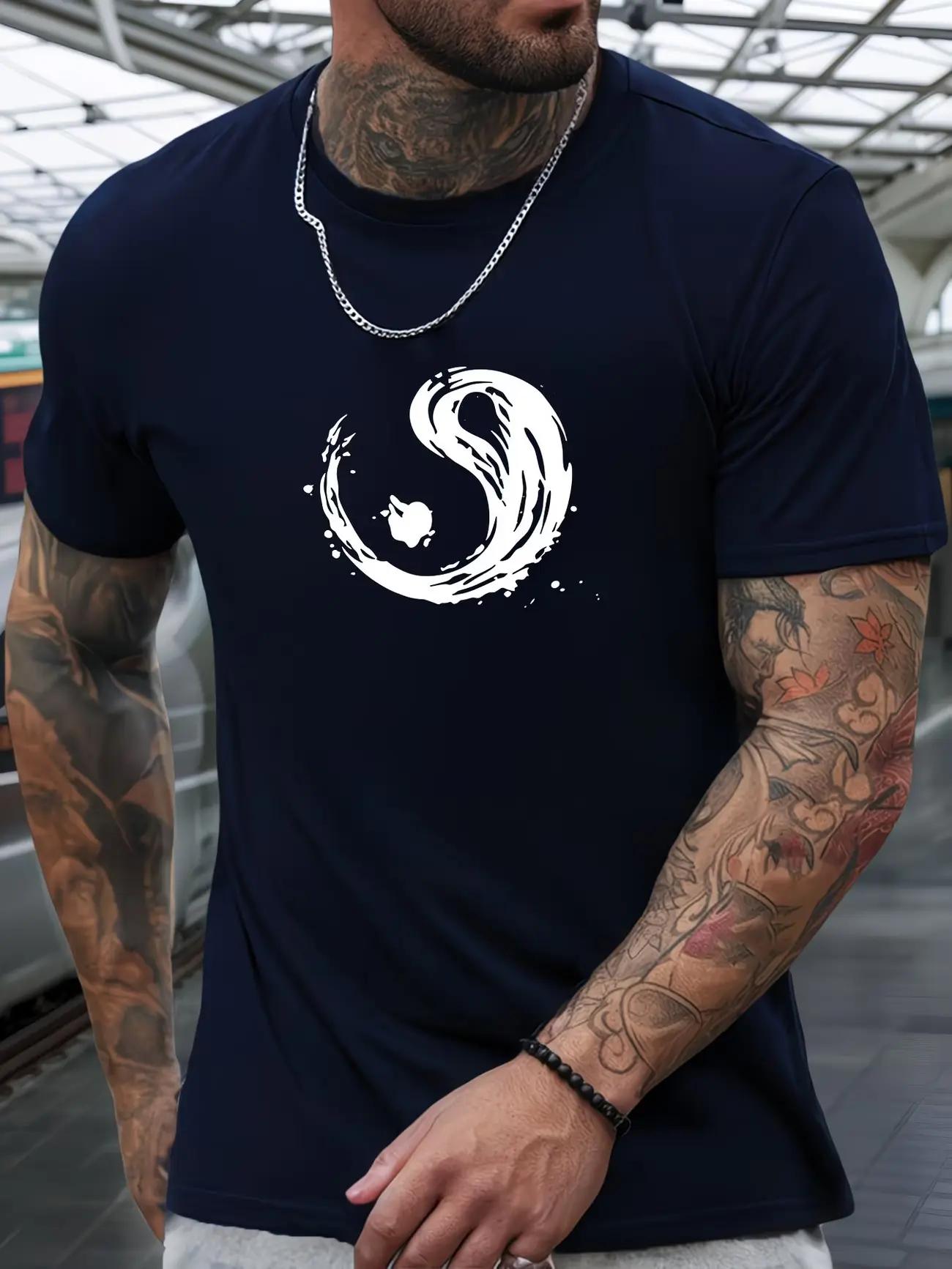 Crew Neck Graphic T-Shirt, Chinese Ink Wash Yin Yang Chest Tee, Minimal Oriental Traditional Symbol Short Sleeve, Soft Slim Fit Cotton Top, Unisex Asian Culture Casual Streetwear Outfit for Men Women