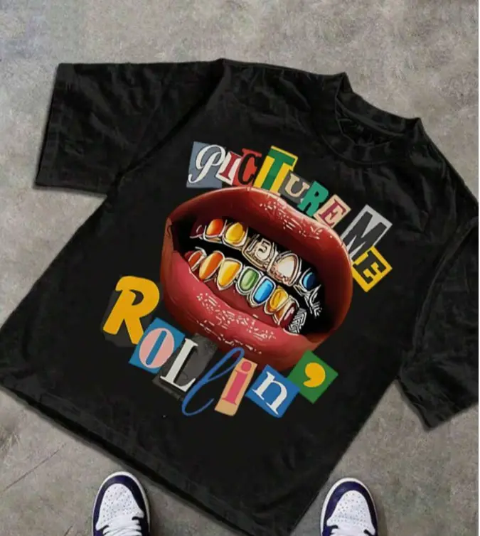 Swagger west coast hip hop vibe picture me rollin grillz colorful teeth lip vintage graphic tee rap culture street summer 100% cotton short sleeve adhesive print unisex black top