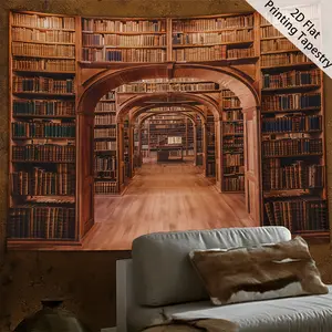 1pc Extra Large Retro Bohemian Hippie Bookshelf Tapestry - Vintage Library Archway Design, Peach Light Beige Polyester Wall Hanging for Bedroom Decor, No Installation Needed, Bedroom Tapestry |   Retro Bookshelf |   Polyester Tapestry, Book Decor