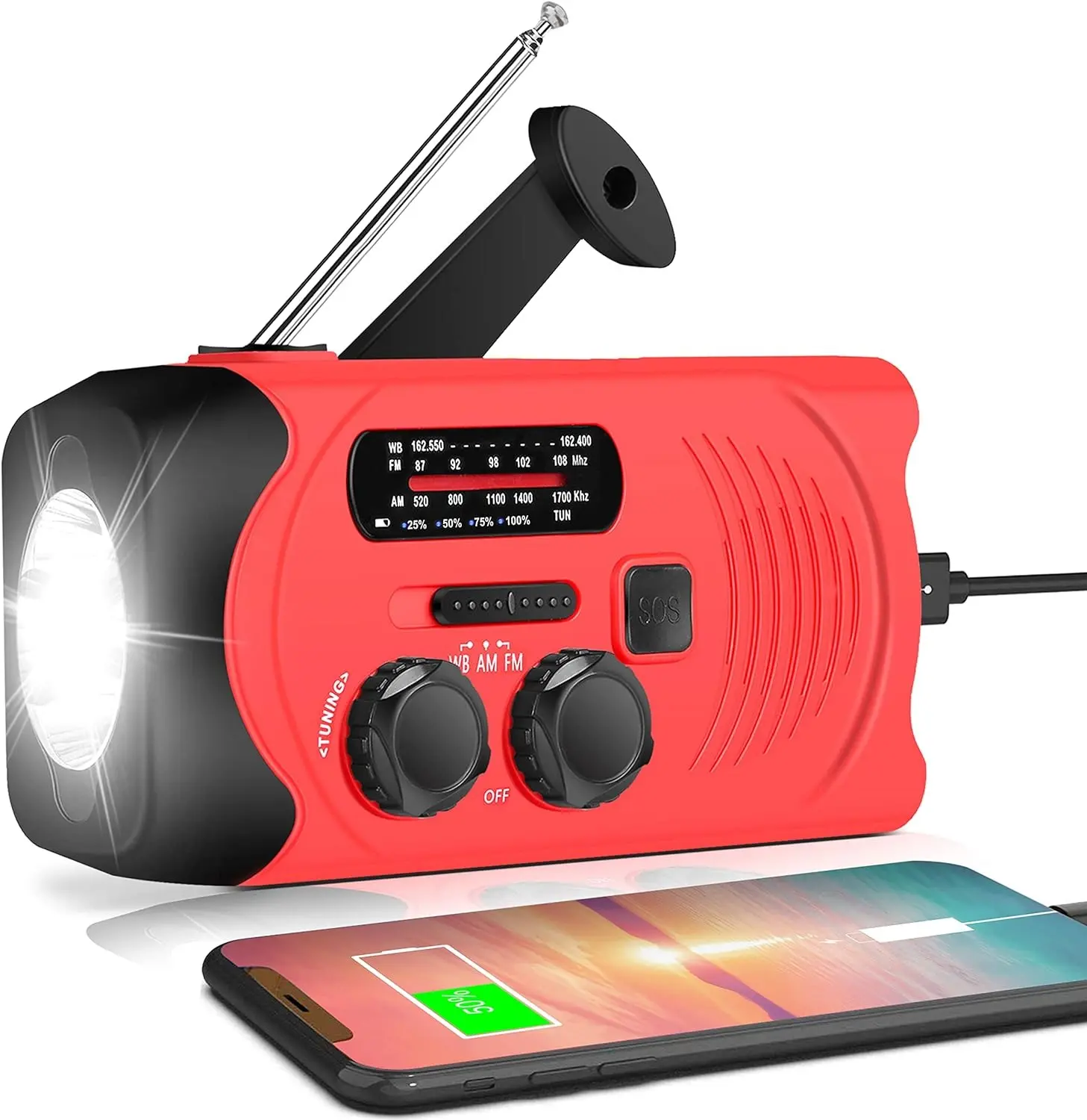 2000mAh Solar Powered Emergency Crank Radio, AM/FM/NOAA, Flashlight & SOS Alarm for Hurricane Prep & Outdoor Survival Solar Hand Crank Emergency Radio