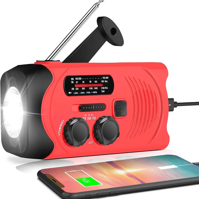 Rechargeable Emergency Portable Radio - Solar Powered, Wind Up, 2000mAh ABS Plastic, Micro USB, AM/FM/NOAA Audio, 1W LED, SOS Alarm, Compact for Backpacking Hurricane Prep
