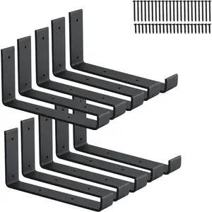 10 Pack Heavy Duty J Shelf Brackets with Lip, 9-Inch Industrial Wall-Mounted Floating Supports for 8.8" Wide Lumber Board, Black