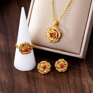 Women's 3-Piece Elegant Rose-Shaped Costume Jewelry Set - Rotatable Zircon-Inlaid Spiny Rose Pendant Necklace, Ring, Earring Set, Ideal Gift for Jewelry Enthusiasts, Zircon Inlays