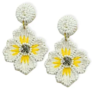 Blossom Flower Earrings White Beaded Dangle Handmade Jewelry