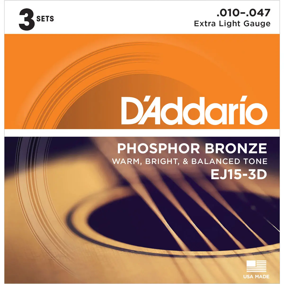 D'Addario EJ15 Phosphor Bronze Acoustic Guitar Strings Set, Extra Light, 10-47 Gauge, 3-Pack