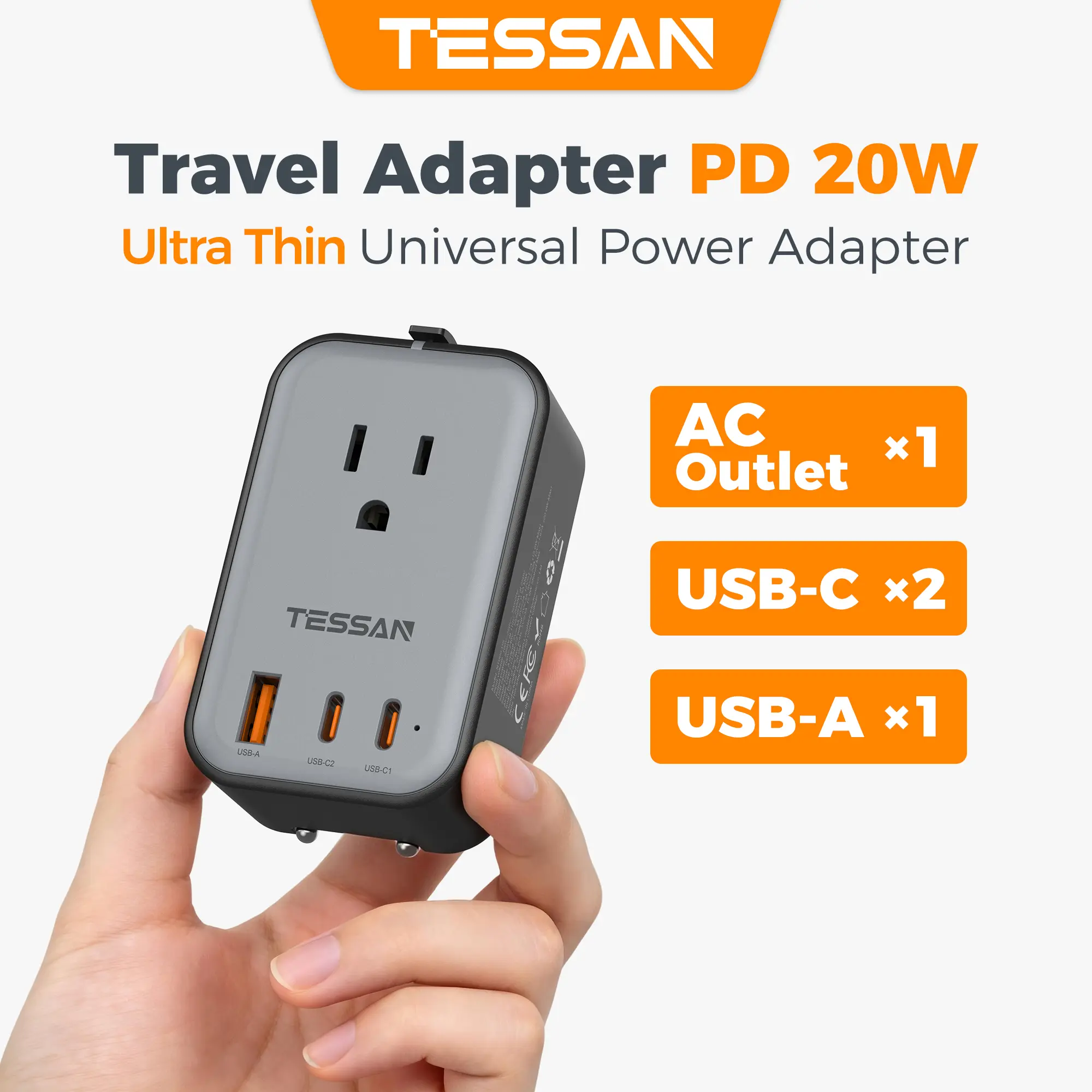 【Universal Travel Adapter PD 20W】 Travel essentials, TESSAN Universal Power Adapter 2 USB C 1 USB A, Ultra Thin International Plug Adaptor Worldwide Outlet for US to European UK Italy Spain New Zealand (Type C G A I), 1 Pack（Grey 45W）-Father's Day gift