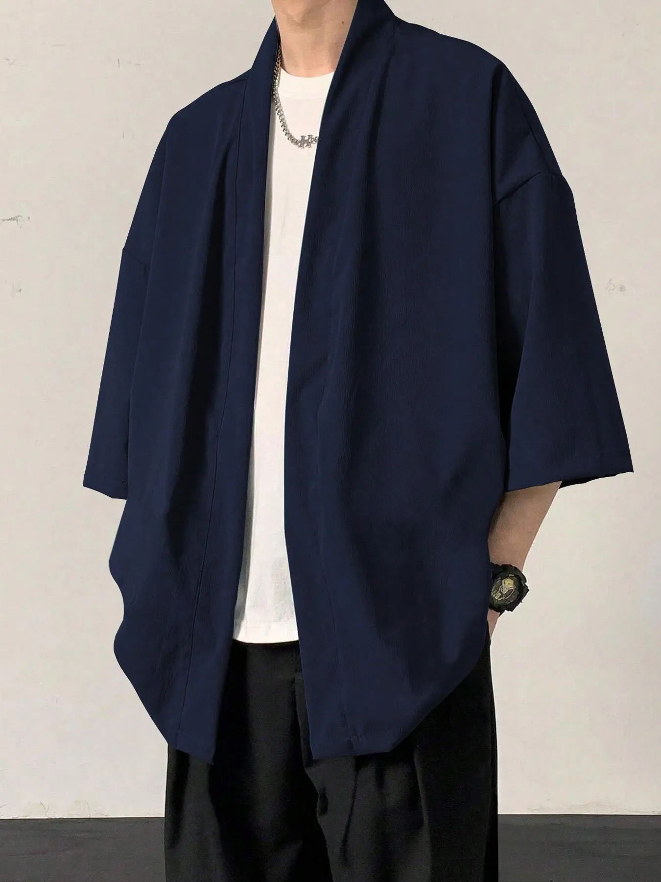 Men's Solid Color 3/4 Sleeve Open Front Kimono, Casual Comfy Breathable Tropical Longline Shirt for Daily Wear, Men's Clothes for All Seasons, Gamis, Menswear