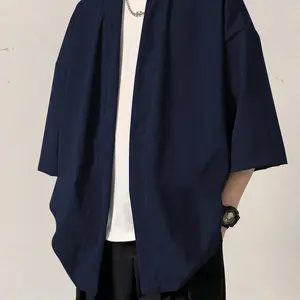 Men's Solid Color 3/4 Sleeve Open Front Kimono, Casual Comfy Breathable Longline Shirt for Daily Wear, Men's Clothes for All Seasons, Gamis, Menswear