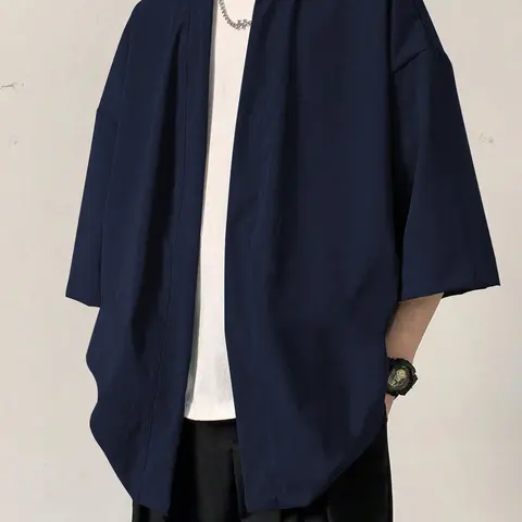Men's Solid Color 3/4 Sleeve Open Front Kimono, Casual Comfy Breathable Tropical Longline Shirt for Daily Wear, Men's Clothes for All Seasons, Gamis, Menswear