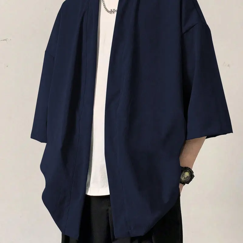 Men's Solid Color 3/4 Sleeve Open Front Kimono, Casual Comfy Breathable Tropical Longline Shirt for Daily Wear, Men's Clothes for All Seasons, Gamis, Menswear