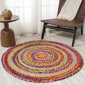 JONATHAN Y Isla Round Boho Braided Rag & Jute Indoor Area Rug; for Living Room, Kitchen, Bedroom, Dining Room, Office