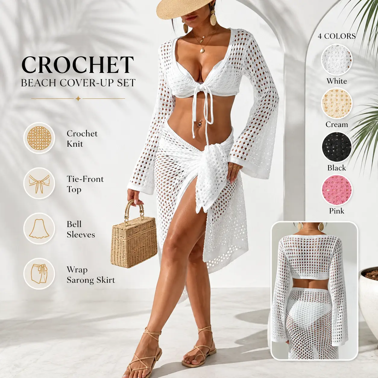 Women Hollow Crochet Swim Cover Up 2 Piece Set, Long Bell Sleeve Tie Front Crop Top + Wrap Skirt, Mesh Knit See Through Beach Outfit Bikini Coverup Set