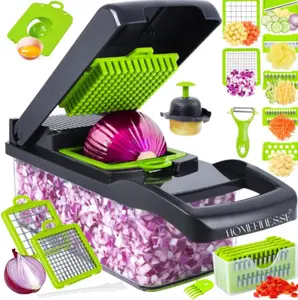 Vegetable Chopper 16-in-1 Multifunctional Food Chopper 8 Blades Vegetable Slicer Onion Chopper Vegetable Cutter & Adjustable Veggie Slicer Potato Dicer Chopper Container for Salad Garlic  Grey