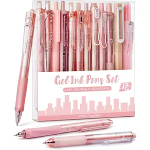 Rose Series Gel Pens, Cute Writing Pens with Black & Pink Ink, 0.5 mm Smooth Fine Point, Girly Aesthetic Stationery Desk Accessories for Women, School Office Supplies, Set of 12