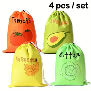 [Fruit And Vegetable Bags] 4pcs Reusable Fruit and Vegetable Storage Bags, Nylon Drawstring Bags with Colorful Illustration Design for Kitchen, Travel, and Camping Use