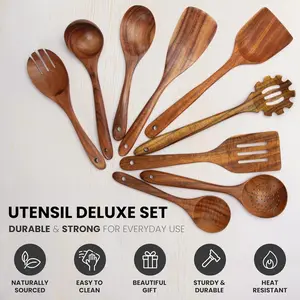 9-Piece Hard Dense Teak Kitchen Utensils Set, Natural Oil Infused, Durable & Corrosion Resistant, Perfect Gift for Mother's Day & Father's Day