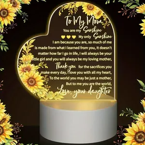 Engraved Sunflower Acrylic Heart Night Light, Standard USB Low-Power Table Decor Lamp, Mothers Day Gift Ideas for Mom, Festive & Home Supplies (Birthday Thank You Occasions),summervibes