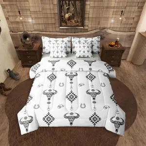 Bull Skull 7 Piece Bedding Set,Boho Comforter Bed Set with Sheets,Aztec Horseshoe Arrow Southwest Geometric Bed Bag,Cowboy Hat Dot Western White Teens Bed Set