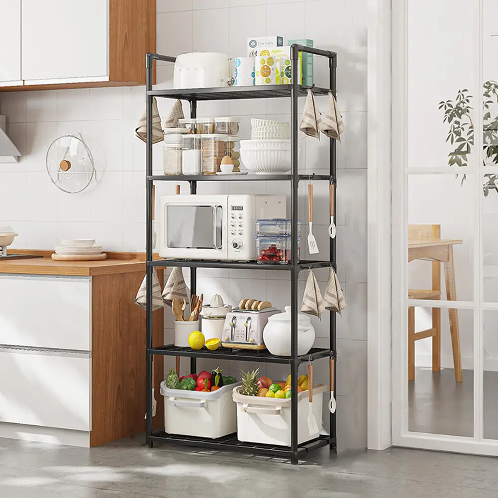 5-Layer Adjustable Heavy-Duty Polypropylene Plastic Floor Type Storage Rack Shelf - 66 lbs Capacity, 1470x5050x270mm (57.87x198.82x10.63in), Easy-Installation Home Supplies Organizer for Kitchen, Bathroom, 66Lbs Max