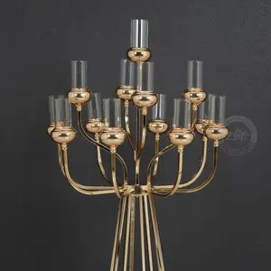 4 PACK | Gold 13 Arms Cluster Candle Holder With Glass Shade,Wedding Candelabra Table Centerpieces-48″H