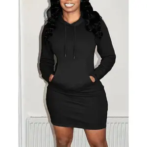Women's Solid Silhouette Drawstring Hooded Sweatshirt Dress, Fall Outfits, Casual Slender Long Sleeve Pockets Dress for Fall, Ladies Clothes for Daily Wear