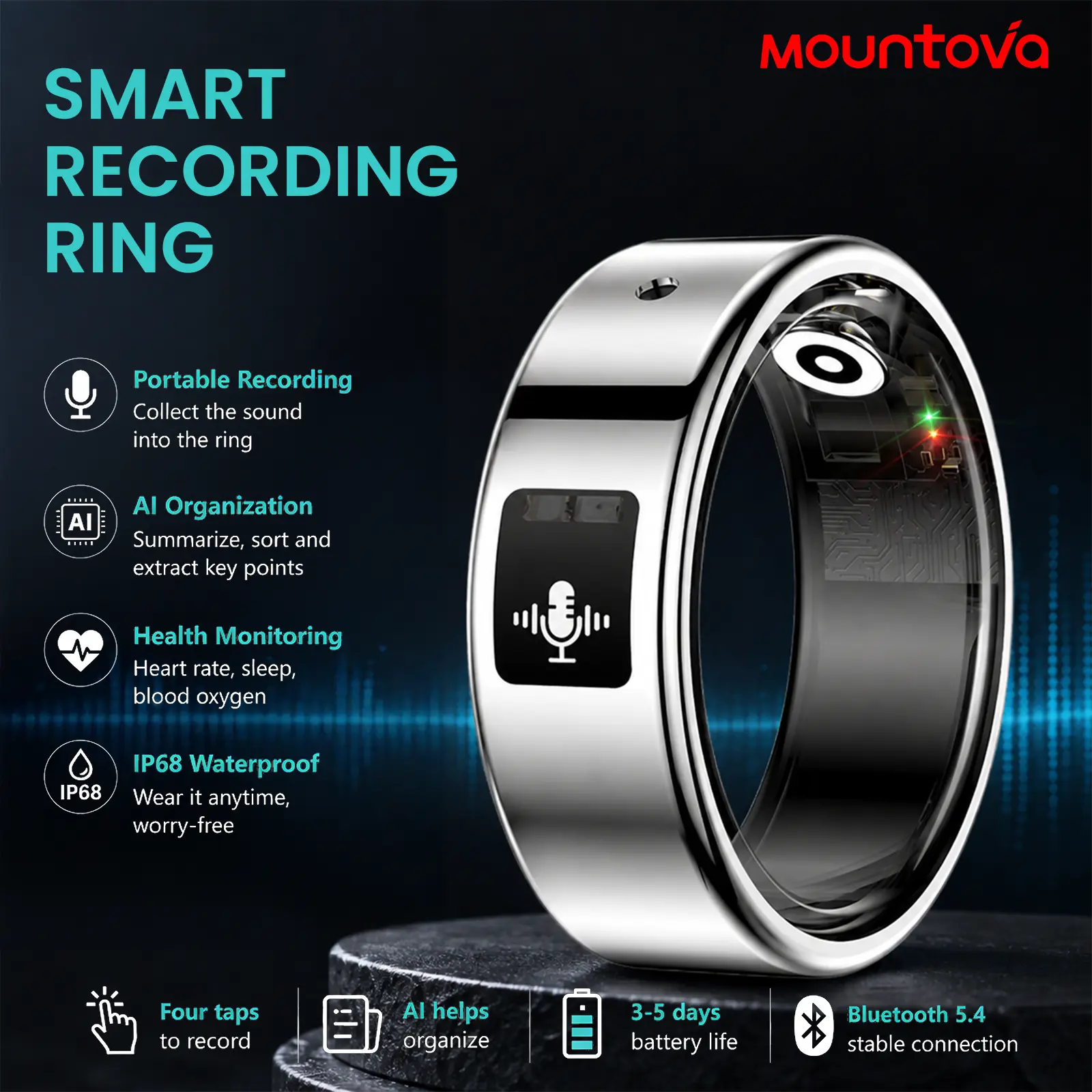 Mountova M7 AI Smart Ring with Voice Recorder, AI Speech-to-Text Transcription & Translation, Heart Rate Sleep Blood Oxygen Health Tracker, IP68 Waterproof Bluetooth Fitness Ring, 4.5g Lightweight Wearable, 3-5 Days Battery Life