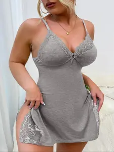 Plus Size Women's Sleeveless Backless Lace Sleepwear Set, Soft & Comfortable Loungewear, Adjustable Straps Plain Design Bow Detail Slit, All Season Suitable