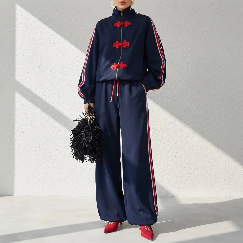 Women's Modern Chinese Style 2-Piece Set - Red Bow Detail Zip-Up Jacket & Baggy Wide-Leg Pants, Streetwear Sporty Chic Co-Ord, Y2K Retro Athleisure Casual Oversized Track Outfit