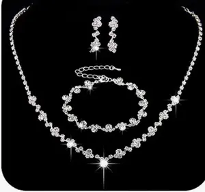 Bride Crystal Necklace Earrings Set Bridal Wedding Jewelry Sets Rhinestone Choker Necklace Prom Costume Jewelry Set for Women and Girls (3 piece set - 2 earrings and 1 necklace)