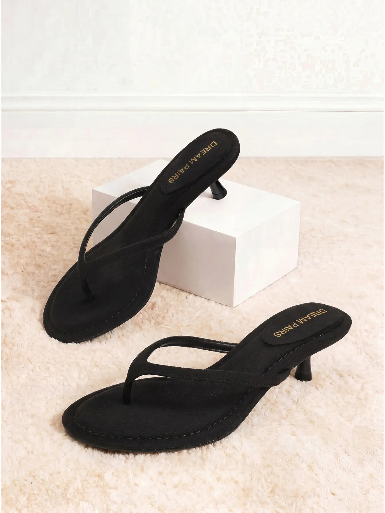Dream Pairs Women's Kitten Heel Thong Sandals, Faux Suede Slip-On Dress Shoes with Cushioned Insole for Summer Party Wear, Elegant Sandals, Daily Fashion Footwear, Chic, 1.97 Inches, Latex-Padded Insole, Sandals Women