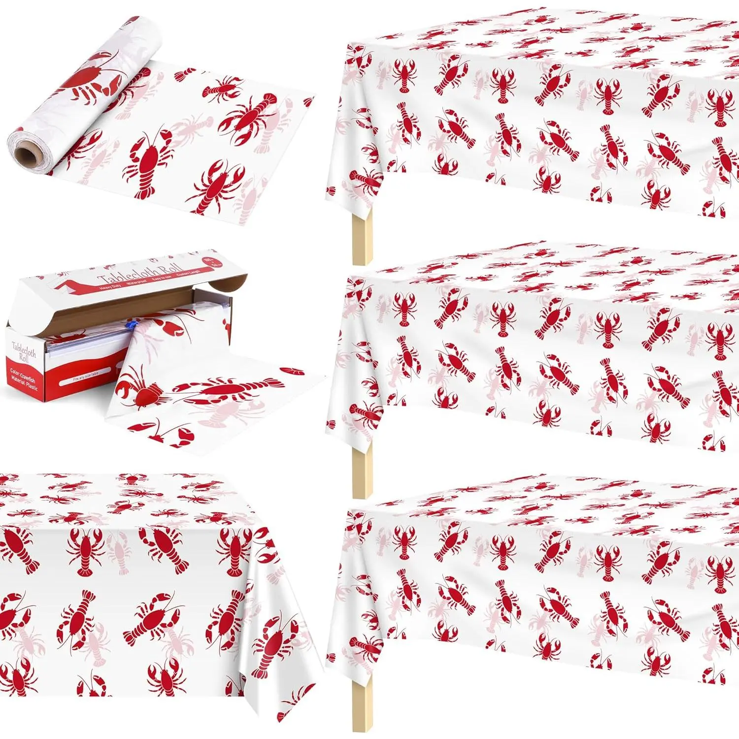 100 ft x 54 inch crawfish party tablecloth roll with cutter box white and red crawfish table cover plastic waterproof lobster tablecloth for crawfish birthday party supplies decorations