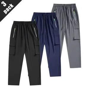 Men's Mid-Waist Quick-Dry Cargo Pants - Simple Menswear, Loose Straight-Leg Long, Silk Fabric, Multi-Tooling Pockets, Zipper, Drawstring, Activewear Sportswear for Outdoor Hiking, Training, Casual Wear; Complements Shirts & Overalls