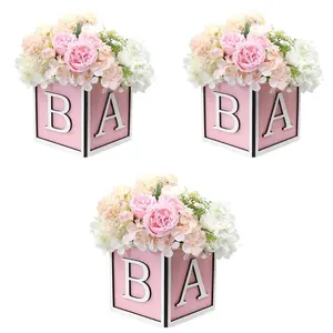 3pc pink baby shower with a flower box placed in the center of the dining table, a wooden box with the letters BABY, suitable for gender revealing parties (without flowers)