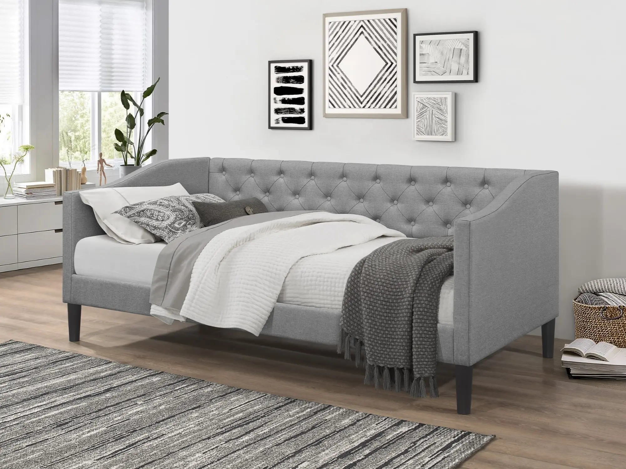 Favorer Gianna Durable Linen Tufted Sofa Bed - Twin Daybed with Full Slatted Base, Button Tufting, Elegantly Sloped Arms, Gray/Black