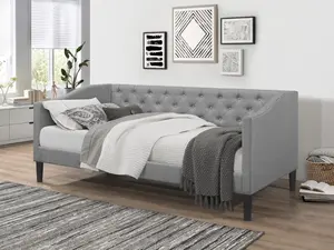 Favorer Gianna Linen Upholstered Twin Daybed With Full Slatted and Button Tufting, Gray/Black Favorer Gianna Linen Upholstered Twin Daybed With Full Slatted and Button Tufting, Gray/Black