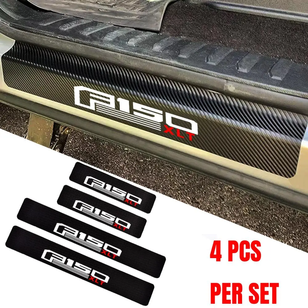 4pcs Carbon Fiber Texture Scratchproof Car Door Sill Protector Decal Set, Vehicles Pickup Truck Decoration Accessories Compatible with Ford F-150 XLT