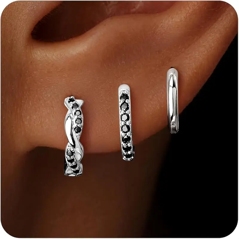 Silver-Black Diamond Twisted Hoop