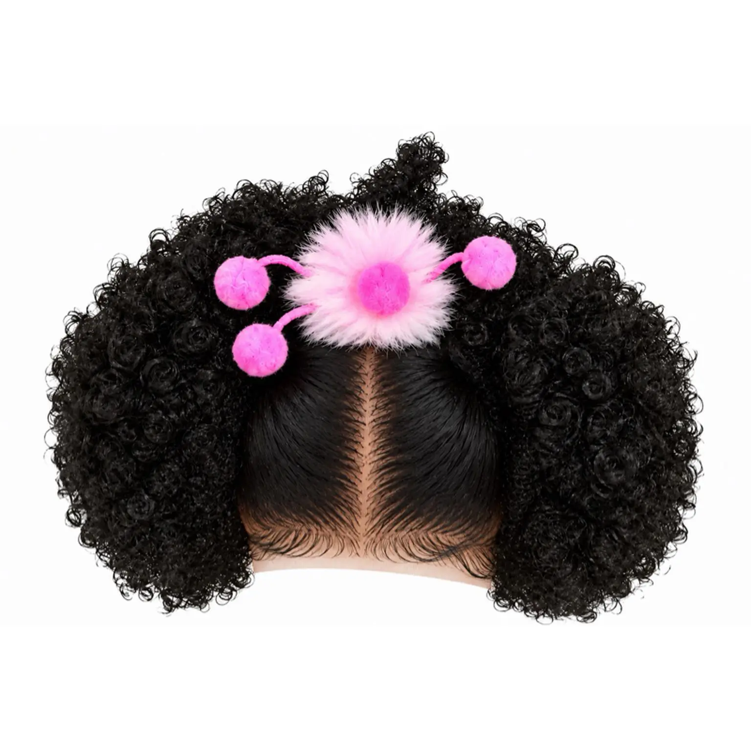 Black Curly Afro Puff Wig for Kids with Center Part and Lace Front Soft Full Curls Two Puff Ponytails
