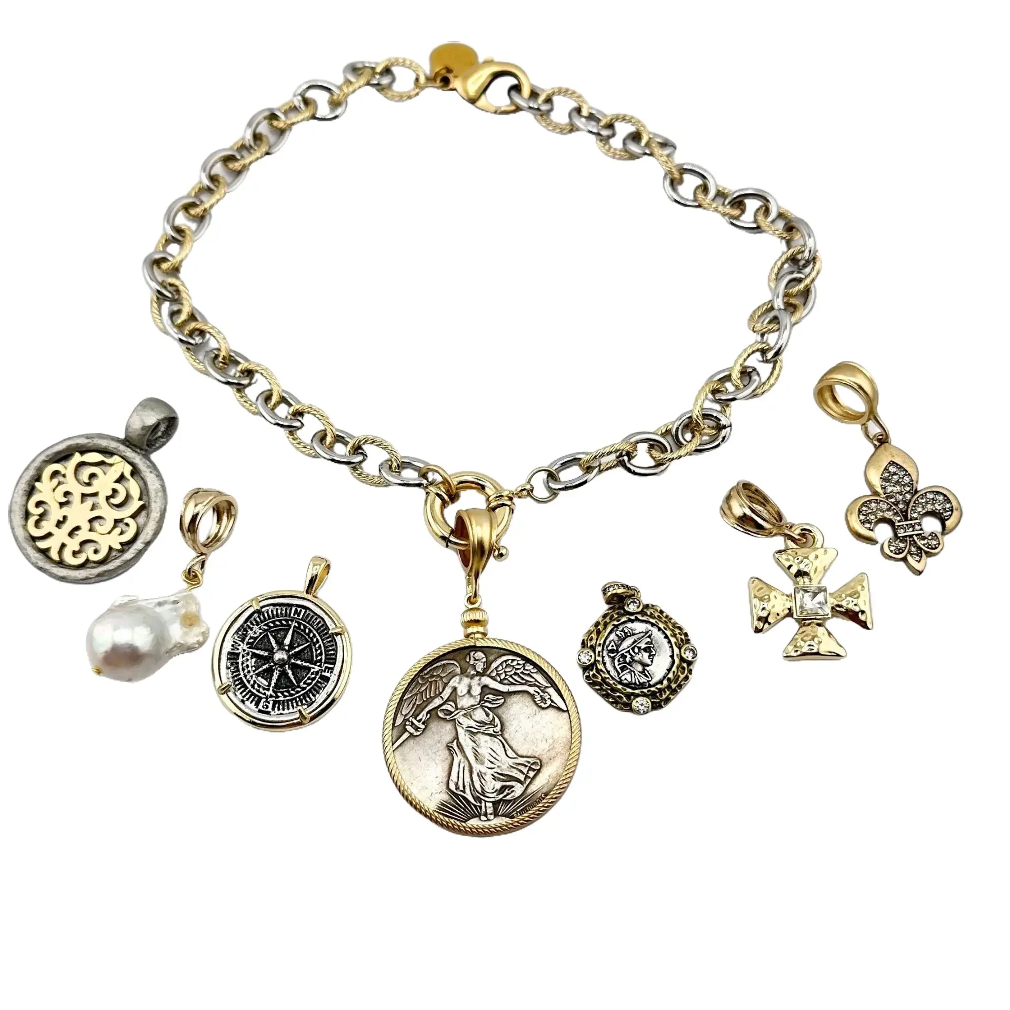 Mixed Link Two Tone Chain Necklace with Interchangeable Pendants - Versatile Design for Everyday Wear - 16" to 18" length Two Tone
