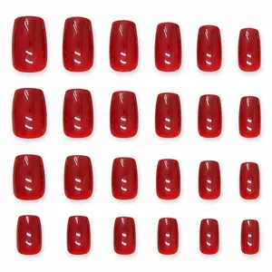 24Pcs Short Square Press on Nail Sets Glossy Cherry Red Fake Nails Reusable Salon Finish Manicure for Daily Wear